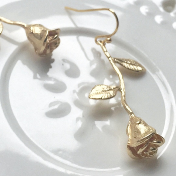 NEW 18K Gold Plated Brass Rose Stem Earrings - Picture 3 of 4